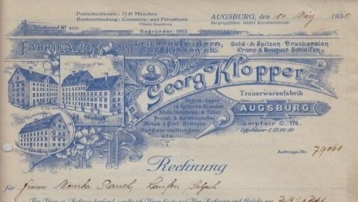 Los 210 Ausruf: 15 Augsburg, 1935: Georg Klopper, Trauerwarenfabrik Abb.