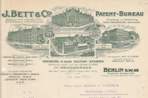 (E006) Los 227 Ausruf: 15 Berlin, 1910: J. Bett & Co., Patent- Bureau Abb.