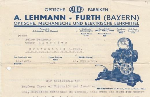 Los 283 Ausruf: 13 Fürth, 1929: A. Lehmann, optische Lehrmittel Abb.