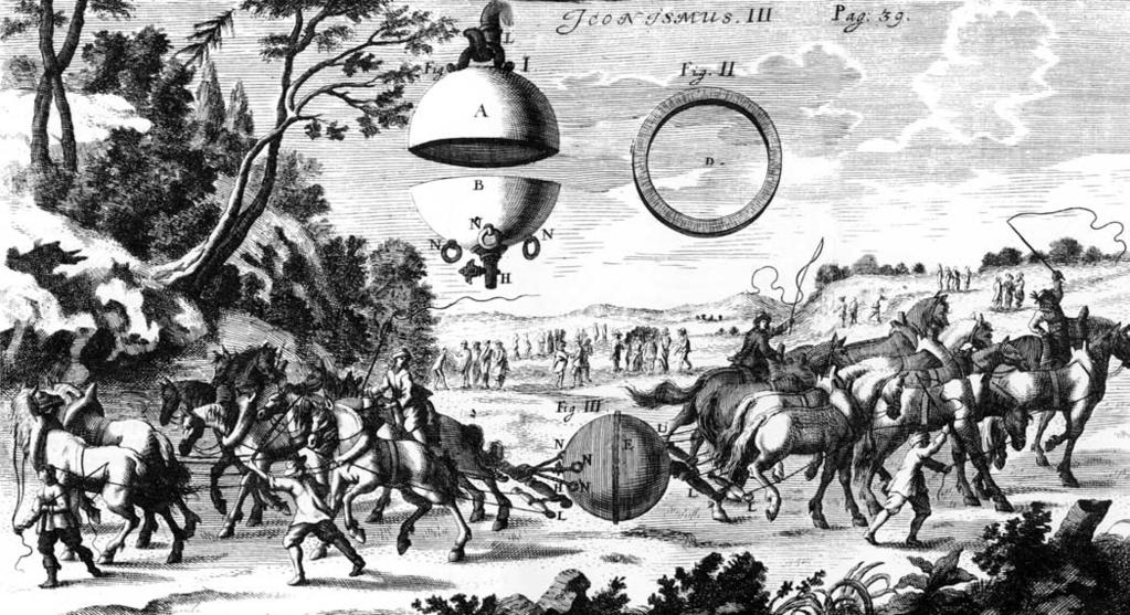 Die so zusammengesetzte und evakuierte Kugel fällt nun nicht mehr auseinander, da sie durch den äuße- DEUTSCHES TECHNIKMUSEUM BERLIN 4 2006 s Aus dem Jahre 1664 stammt diese erste Abbildung des