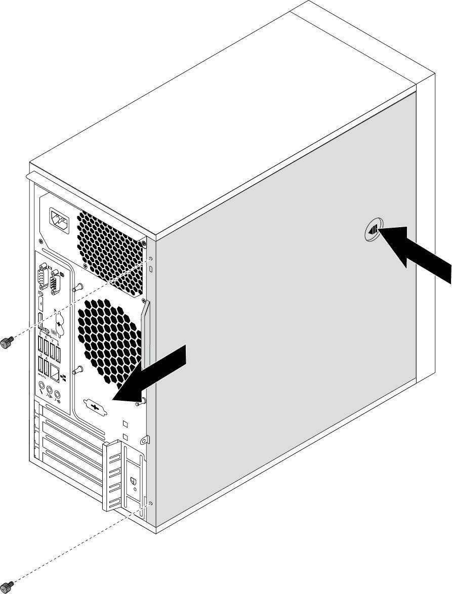 4. Drücken Sie den Entriegelungsknopf für die Abdeckung an der Seite des Computers und schieben Sie die Abdeckung nach hinten, um sie abzunehmen. Abbildung 10.