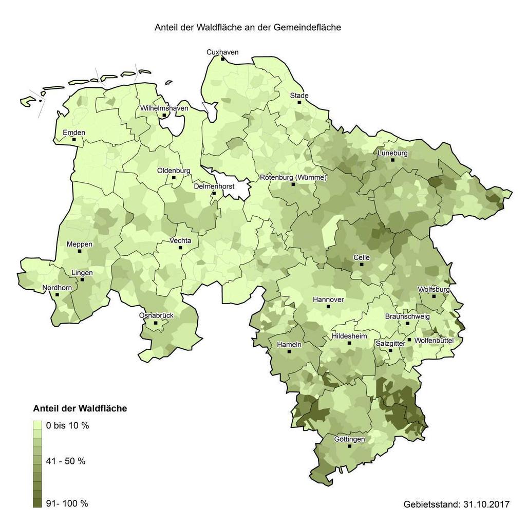 6.4 Forstwirtschaftliche Flächen In Niedersachsen sind die Waldflächen insgesamt unregelmäßig verteilt.