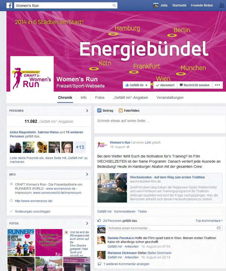 Integration in die Kommunikation Social Media Die Women's Run Facebook-Seite ist Bestandteil unseres umfassenden