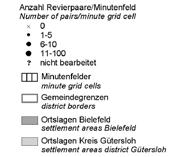 Die Auswertung der Kartierungen für die einzelnen Städte und Gemeinden des Kreises Gütersloh und für die Stadt Bielefeld zeigt Tab. 2. Die Gesamtsummen liegen niedriger als die Werte der Minuten- Abb.
