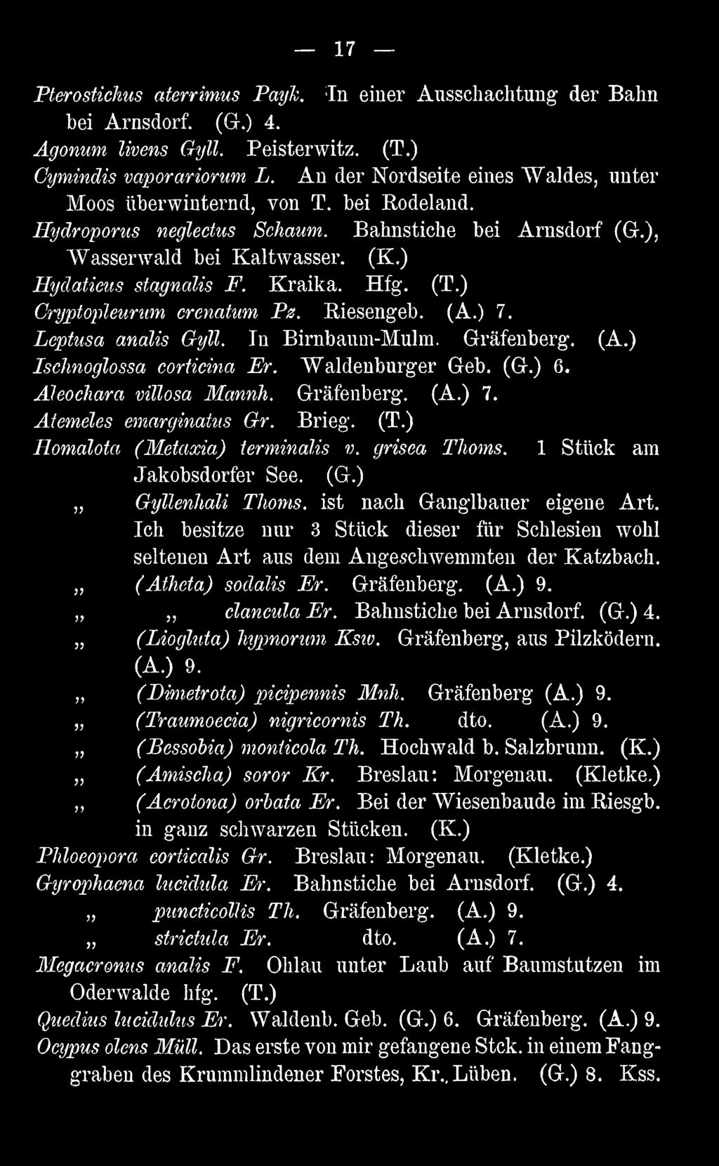 Ich besitze nur 3 Stück dieser für Schlesien wohl seltenen Art aus dem Angeschwemmten der Katzbach. (Atheta) sodalis Er. Gräfenberg. (A.) 9. clancula Er. Bahnstiche bei Arnsdorf. (G.) 4.