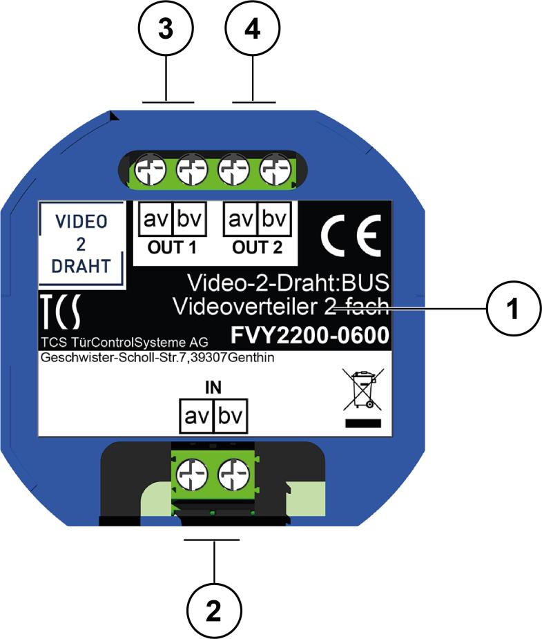 Kurzbeschreibung 2-fach Videoverteiler passiv für den Video-2-Draht:BUS Einsatz in Steigleitungen mit Stichleitungen/Abzweigungen max. 5 Videoverteiler (im aktiven Sprechweg bzw.