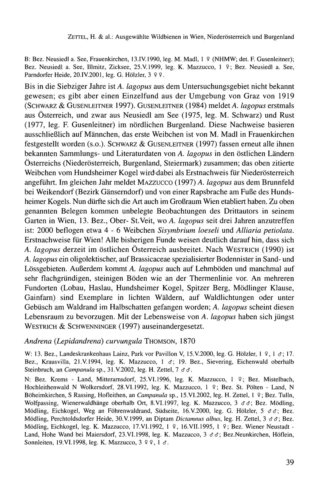 ZETTEL, H. & al.: Ausgewählte Wildbienen in Wien, Niederösterreich und Burgenland B: Bez. Neusiedl a. See, Frauenkirchen, 13.IV. 1990, leg. M. Madl, 1? (NHMW; det. F. Gusenleitner); Bez. Neusiedl a. See, Illmitz, Zicksee, 25.