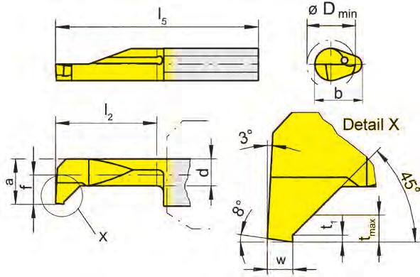 Vorstechen und Fasen (innen) Pregrooving and Chamfering (internal) 105 Bohrungs-Ø ab Bore Ø from 3 mm für Klemmhalter for Toolholder e w f a d b l 2 l 5 t max t 1 D min H105 HC105 B105 VDI B105C