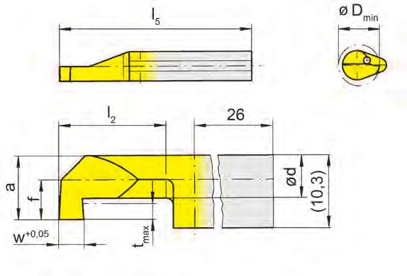 A Einstechen (innen) Grooving (internal) 110 Bohrungs-Ø ab Bore Ø from 8 mm für Klemmhalter for Toolholder e w f a d l 2 l 5 t max D min B110 B110C B110TS B110.WF N VDI R/L110.0100.5.8 1,0 4 7,4 4,2 30 60 2,8 8 / / R/L110.