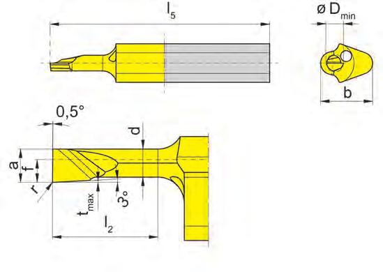 Bohrung-Drehen Boring and Profiling 105 Bohrungs-Ø ab Bore Ø from 2 mm für Klemmhalter for Toolholder e H105 HC105 B105 VDI B105C B105TS IR105 962 AIH 963 N r f a d b l 2 l 5 t max D min R105.9013.