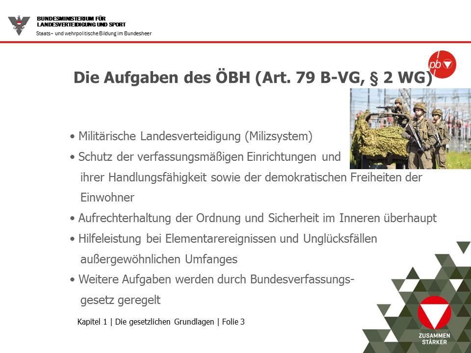 Die Aufgaben des ÖBH (Art. 79 B-VG) Artikel 79 B-VG legt den konkreten Auftrag des Österreichischen Bundesheeres fest.