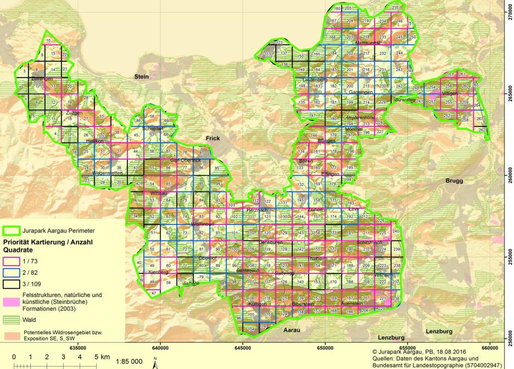 Allgemeines zur Methodik Für die Kartierung der Wildrosen im Jurapark wurden die potentiellen Gebiete von möglichen Wildrosenstandorten anhand ihrer Exposition (Südwest bis Südost) mittels GIS