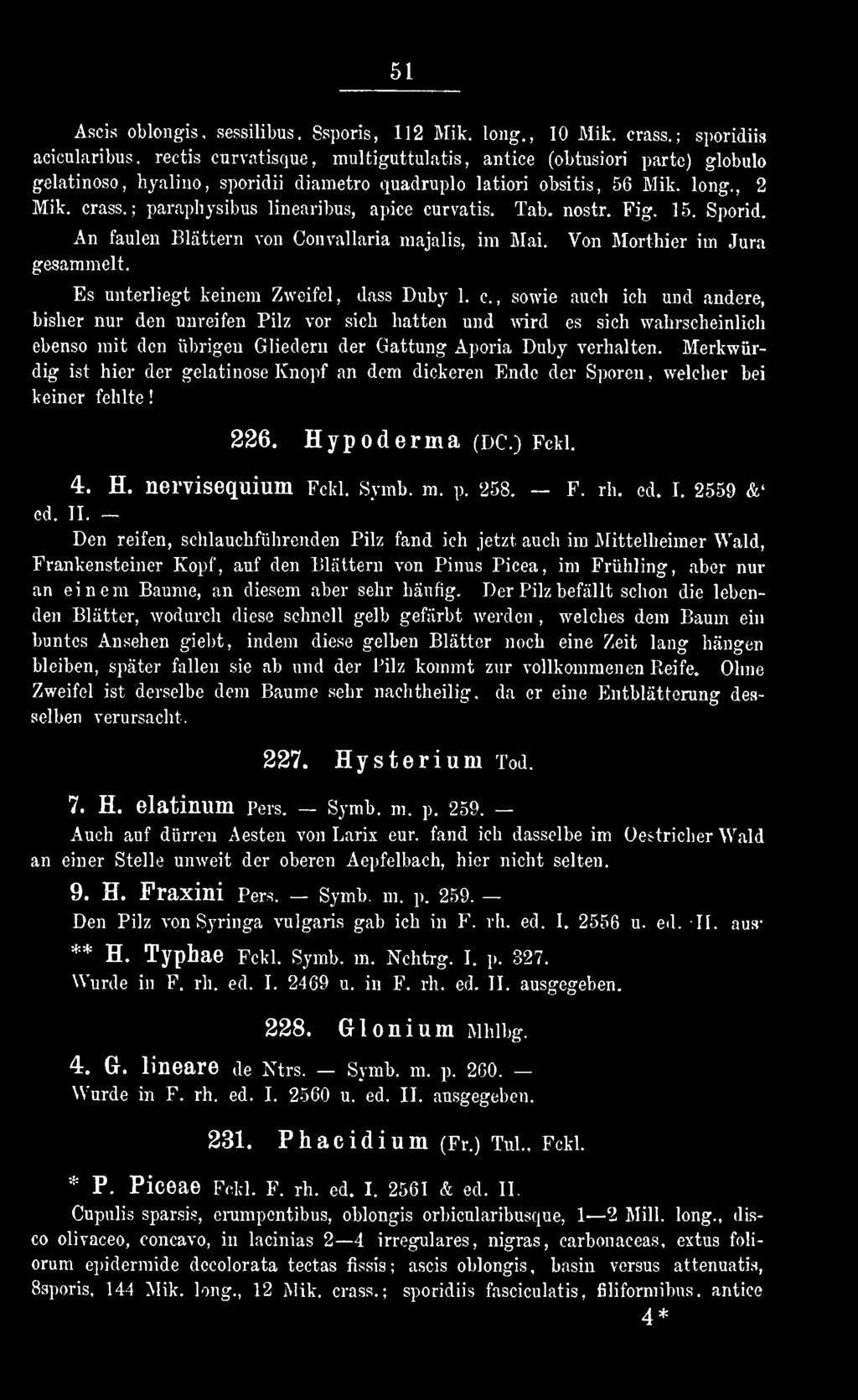 Merkwürdig ist hier der gelatinöse Knopf an dem dickeren Ende der Sporen welcher, bei keiner fehlte! 226. Hypoderma (DC.) Fckl. 4. H. nervisequium Fckl. Symb. m. p. 258. F. rh. ed. I. 2559 &' ed. II.