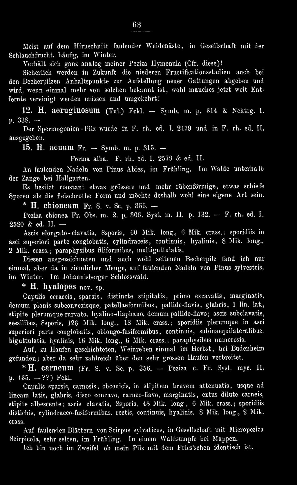 wohl mauches jetzt weit Entfernte vereinigt werden müssen und umgekehrt! 12. H. aeruginosum (Tul.) Fckl. Symb. m. p. 314 & Nchtrg. I. p. 338. Der Spermogonien - Filz wurde in F. rh. ed. I. 2479 und in F.