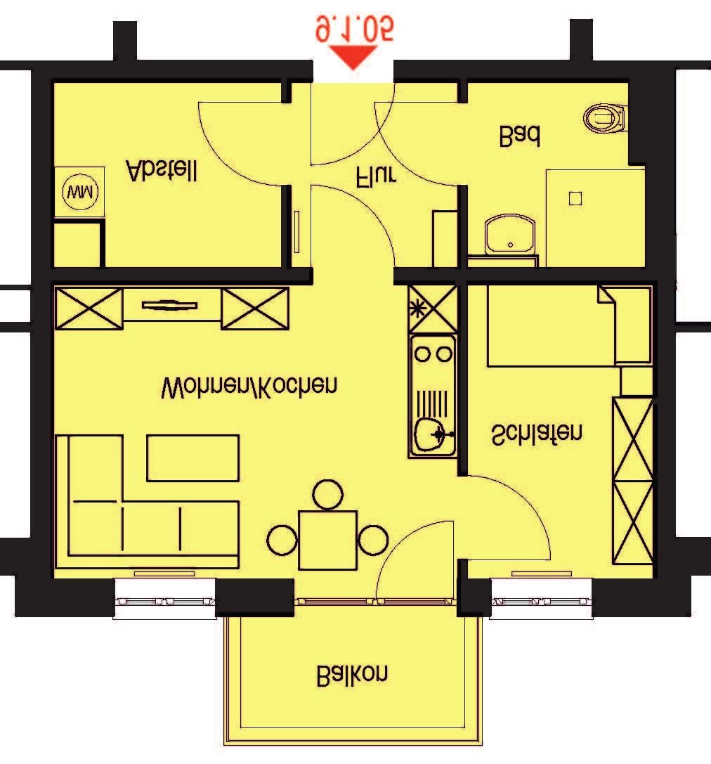 Die Flächen der einzelnen Räume können innerhalb eines Apartment-Typs minimal variieren. 1 Zimmer Wohnen/Kochen/ Schlafen ca. 20,55 m² Bad ca. 4,47 m² Flur ca. 2,81 m² Abstell/HWR ca.
