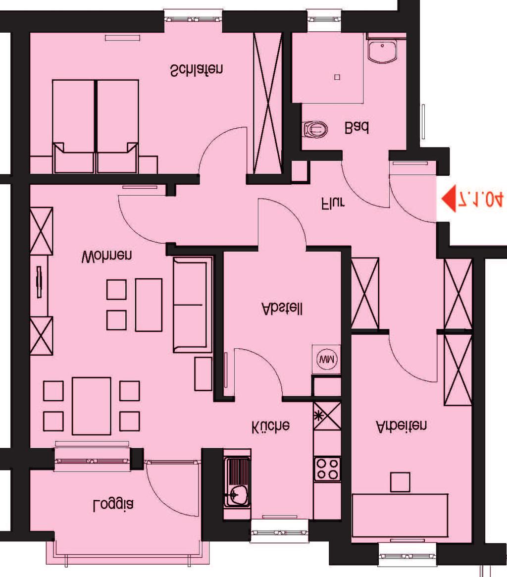 Apartmentgrundrisse - Typen (Beispiele) 3 Zimmer Wohnen ca. 20,17 m² Arbeiten ca. 11,18 m² Schlafen ca. 16,08 m² Küche ca. 6,35 m² Bad ca. 5,66 m² Flur ca. 12,74 m² Abstell/HWR ca.