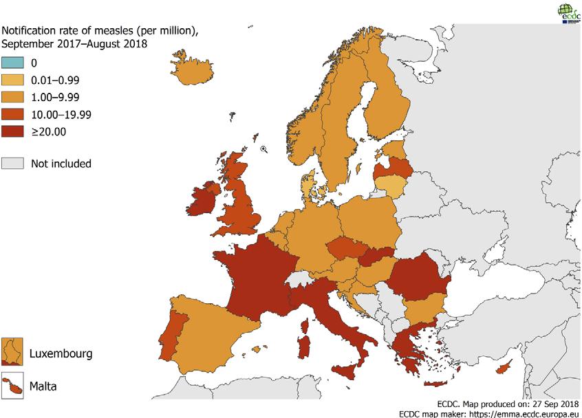 Masern Epidemiologie Europa ECDC 13 547 Fälle (Sept 2017 Aug 2018) 69% serologisch bestätigt Hauptanteil Griechenland 3 171 = 23% Frankreich 2 792