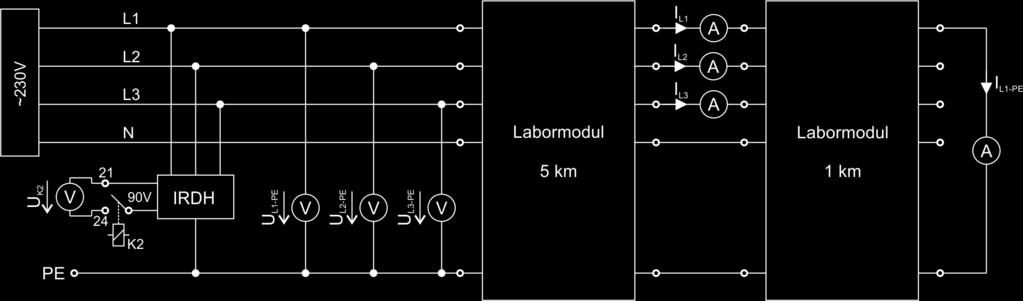 ˆ Funktionsweise im 3ph-AC-Netz: Abbildung 6.8: 3ph-AC-IT-Netz mit IRDH575 In der Abb. 6.9 sind die Maximalwerte der Spannungen und Ströme pro Periode des in Abb. 6.8 dargestellten IT-Netzes zu sehen.