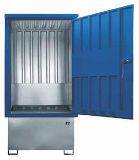 verzinkt und lackiert (RAL 5002 ultramarinblau (andere RAL- Farben auf Wunsch) abschließbare, 1-flügelige Tür (Breite 1260 mm) Schneelast 125 kg/m² Stellfläche mit herausnehmbaren, verzinkten