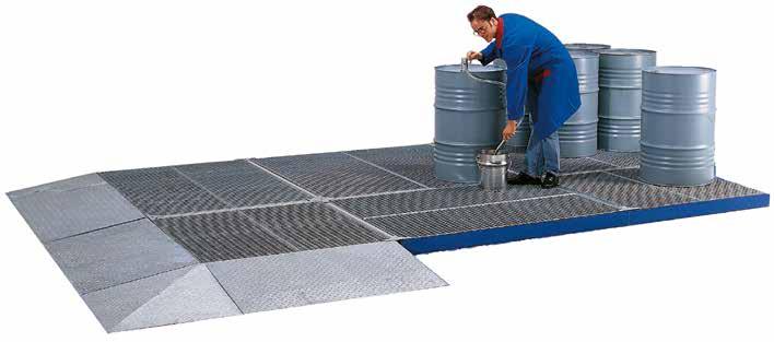 Auffangwannen und Regale Flächenschutzelemente aus Stahl Flächenschutzsysteme aus Stahl bieten Sicherheit beim Umgang mit wassergefährdenden und entzündlichen Stoffen.