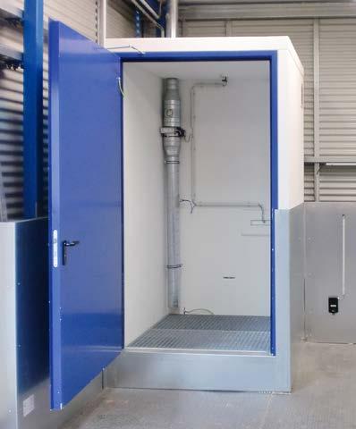 1 t/m selbstschließende Feuerschutztür, wahlweise mit T30-Tür auf Anfrage Brandschutzbaussteine in Zu- und Abluftöffnungen wahlweise mit 200 l oder 1000 l Auffangwanne für IBC-Lagerung