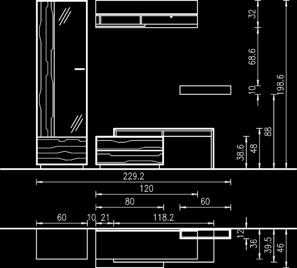 PURO Garderoben / Planungsvorschläge Garderobe PU 70 1 Lowboard 108, Bestell-Nr.: 01 08 32 B 80,0/H 38,6/T 46,0cm 1 Garderobenbank rechts für Lowboard, Bestell-Nr.