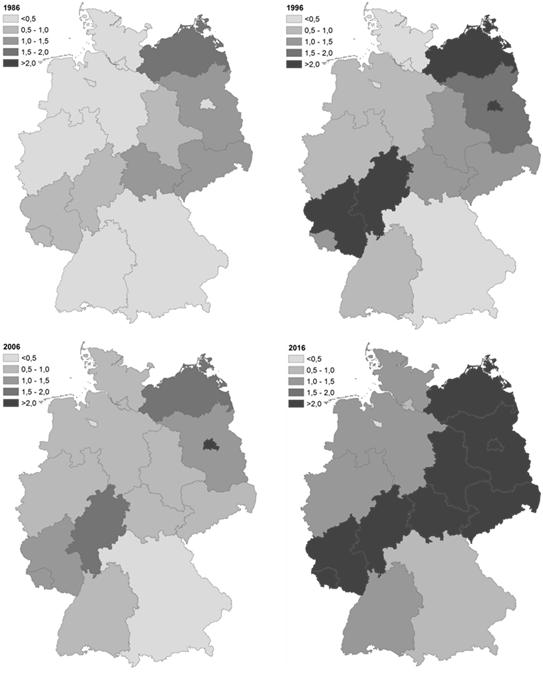 Abbildung 4: Schwarzwildstrecken je 100 ha Jagdfläche in den Ländern der Bundesrepublik Deutschland in den Jahren 1986, 1996, 2006 und 2016.