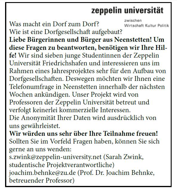 Anhang A: Annonce im Gemeindeblatt