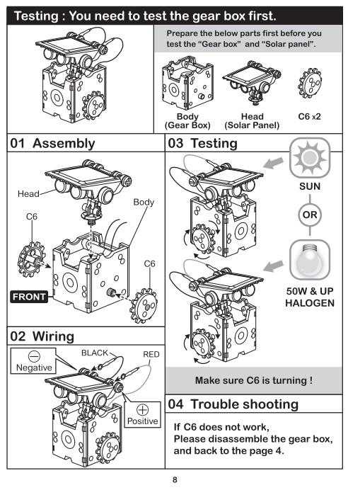Einen Test durchführen: Prüfen Sie zuerst das Getriebe. Montieren Sie zuerst folgende Teile, bevor Sie das ''Getriebe'' und das ''Solarmodul'' prüfen".