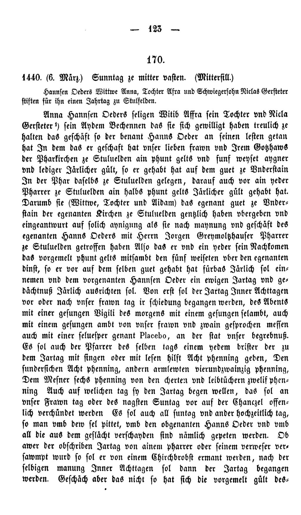 123 170. 1440. (6. März.) Sunntag je mittet vasten. (Mittersill.) Hannsen Orders Wittwe Anna, Tochter Afra itttb Schwiegersohn Niclas Gersteter stiften für ihn einen Zahltag zu Stnlfelden.