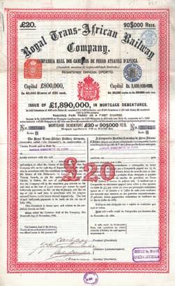 Nr. 1142 Schätzpreis: 150,00 EUR Royal Trans-African Railway Co. (Cia. Real dos Caminhos de Ferro Atravez d Africa S.A.) 5 % Mortgage Debenture Serie B 20 = 90$000 Reis, Nr. 24888 Porto, 16.11.1886 Auflage 47.