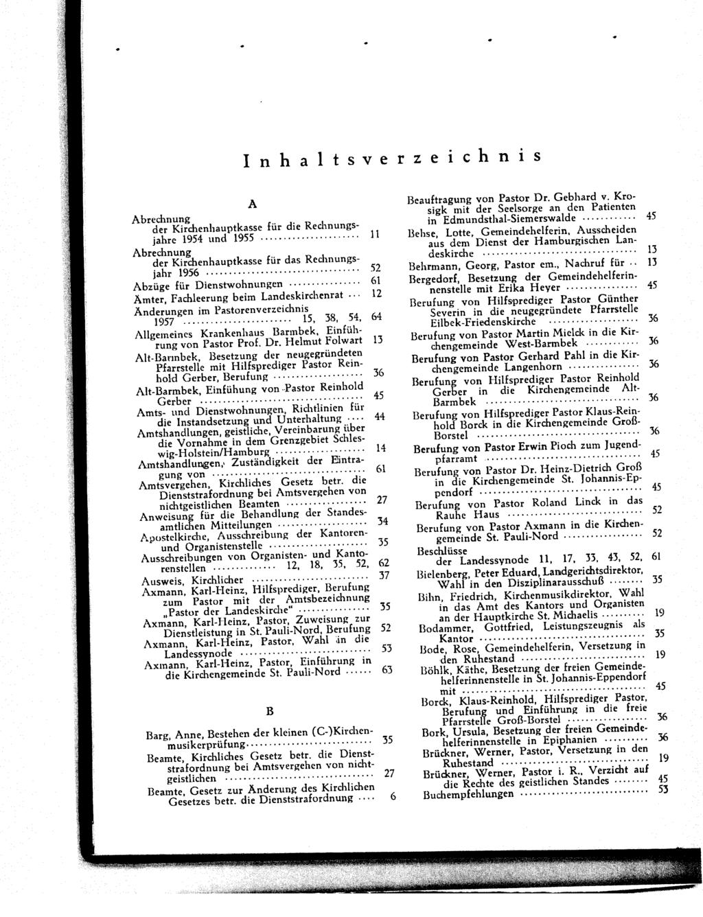 Inhaltsverzeichnis A Abrechnung der Kirchenhauptkasse für die Rechnungsjahre 1954 und 1955.......... 11 Abrechnung der Kirchenhauptkasse für das Rechnungsjahr 1956....... 52 Abzüge für Dienstwohnungen.