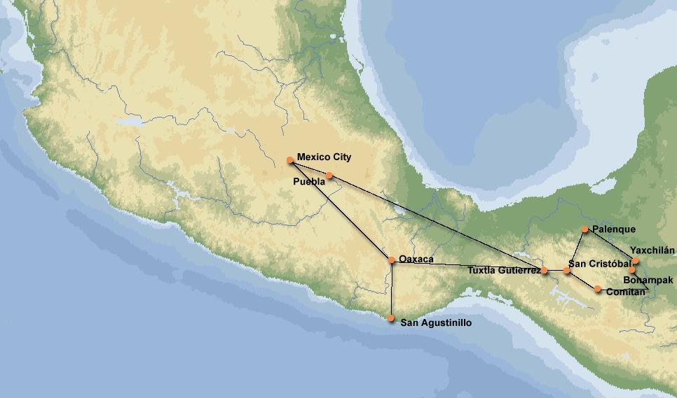 Die Route Ablauf: Ankunft in Mexico City (3ÜF). Busfahrt nach Puebla (2ÜF).