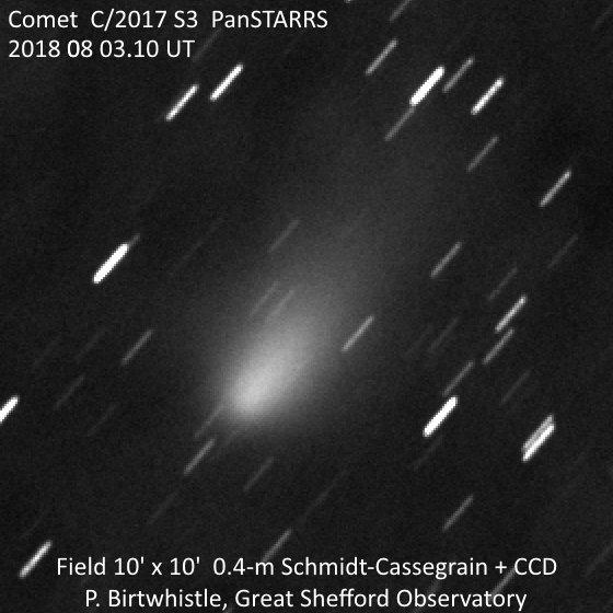 Eine Aufnahme vom 3. August zeigt den gegenwärtigen Zustand des Kometen (Abb. 2): Abb. 2 Der Komet C/2017 S3 am 3. August. Nach dem Schweifabriß gleicht der Komet einem länglichen verwaschenen Himmelsobjekt.