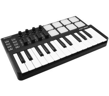 USB-MIDI-Controller mit 25 Tasten, 8 Pads, je 4 Regler und Fader,