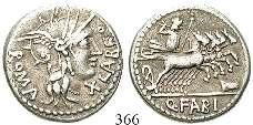 Lucretius Trio, 136 v.chr. Denar 136 v.chr., Rom. 3,74 g. Behelmter Kopf der Roma r.