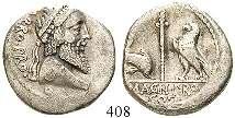 Prachtexemplar mit herrlicher Tönung und attraktiver Rückseitendarstellung. vz/vz+ 1.000,- 408 Cn. Pompeius Magnus und Terentius Varro, 49 v.chr. Denar 45 v.chr., Heeresmünzstätte.