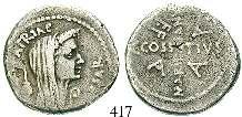 mit Lorbeerkranz / C CONSIDIVS PAETVS Curulischer Stuhl, mit Kranz auf einem Kissen. Cr.465/1b; Syd.990a. attraktives Portrait des Apollo; herrliche Patina auf Vs.
