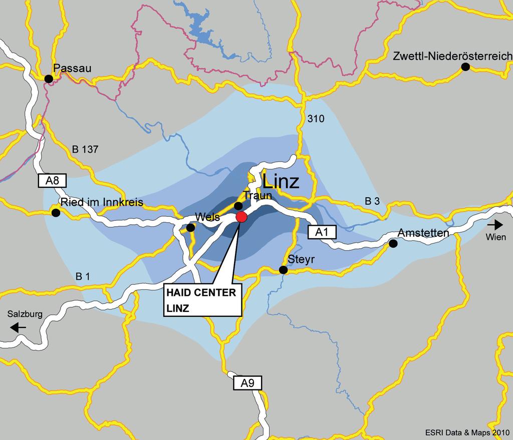 Erreichbarkeit / Einzugsgebiet Die optimale Anbindung an Oberösterreichs Hauptverkehrsrouten macht das