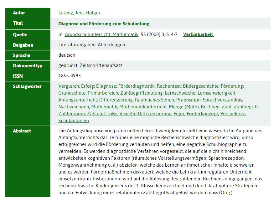 Recherchevorbereitung: Fachwortschatz Bsp. FIS-Bildung Literaturdatenbank >> Detailanzeige 1 2 3 1.