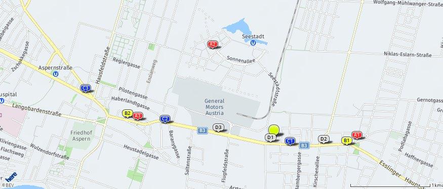 Nahversorger (Banken, Post, Tankstellen, Trafiken) Der hellgrüne Punkt markiert den Immobilienstandort, die Nahversorger im Umkreis werden mit farblichen Pins angezeigt.