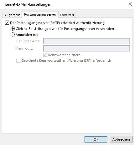 "Postausgangsserver" Setzen hier den Haken "Der Postausgangsserver (SMTP) erfordert Ahthentifizierung". 7.