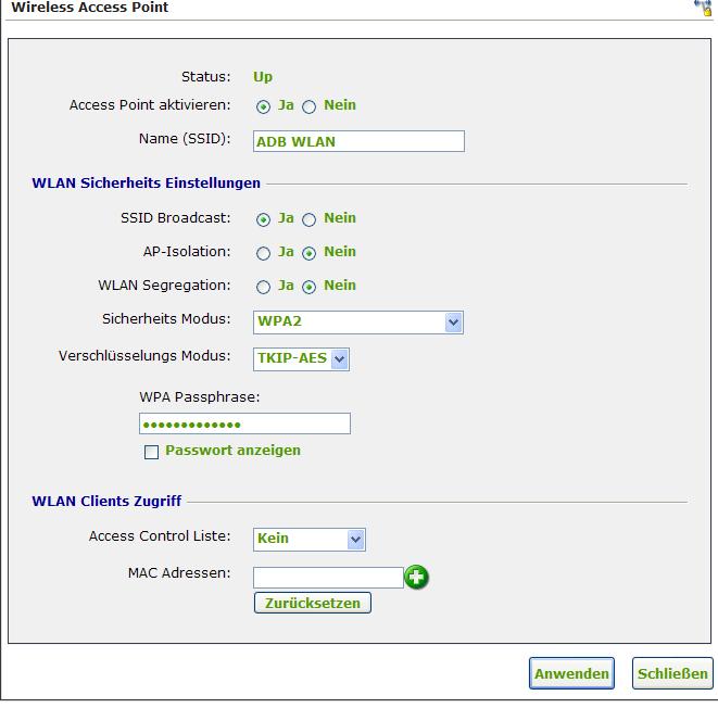 Wireless Access Point Access Point aktivieren: Steht der Punkt auf Ja, so ist das WLAN bei Ihrer A1 WLAN Box eingeschaltet. Name (SSID): Hier können Sie den Namen Ihrer WLAN- Verbindung frei wählen.