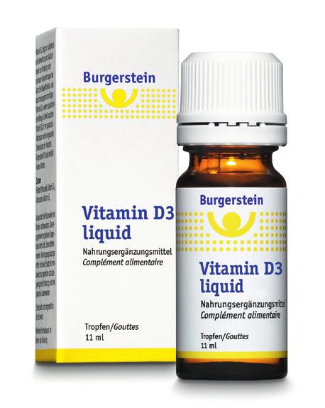 Burgerstein Vitamin D3 liquid sind geschmacksneutrale, alkoholfreie Tropfen auf Pflanzenöl-Basis.