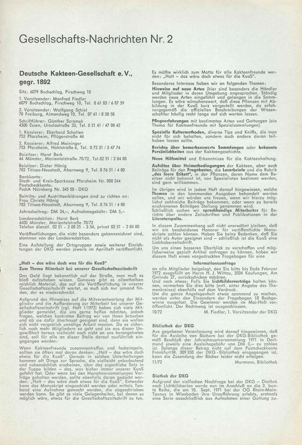 Gesellschafts-Nachrichten Nr. 2 Deutsche Kakteen-Gesellschaft e.v., gegr. 1892 Sitz: 6079 Buchschlag, Pirschweg 10 "\. Vorsitzender: Manfred Fiedler 6079 Buchschlag, Pirschweg 10, Tel.