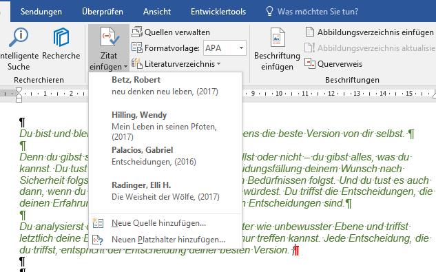 Zitate einfügen g) Klicken Sie nun die letzte Absatzmarke, nach dem ersten Artikel, an. Wählen Sie Referenzen/Verweise/Zitat einfügen.