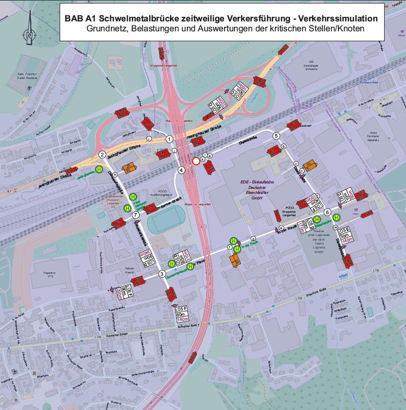 Auswertung Verkehrsberechnungen und -simulation Darstellung der höchsten Verkehrsbelastung bei Vollsperrung (Verkehrsspitze werktags zwischen 16.30 und 17.