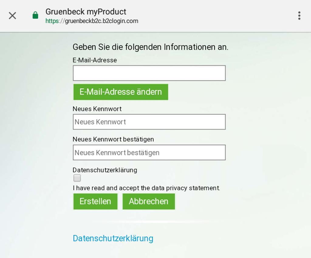 Grünbeck myproduct-app installieren 9. Vergeben Sie ein Kennwort für Ihr Benutzerkonto an der Grünbeck-Cloud. 10.