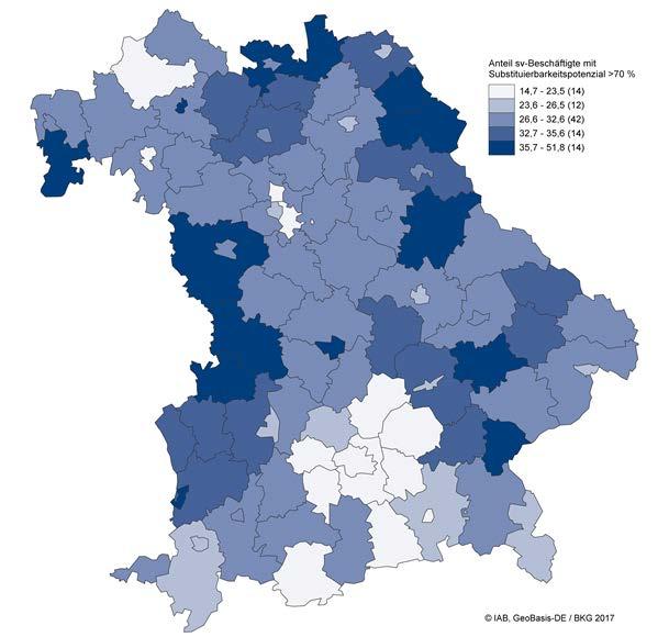 Karte 2: Betroffenheit der sozialversicherungspflichtig Beschäftigten von einem hohen Substituierbarkeitspotenzial (>70 Prozent) in den bayerischen Kreisen und Städten (in Prozent) Anm.