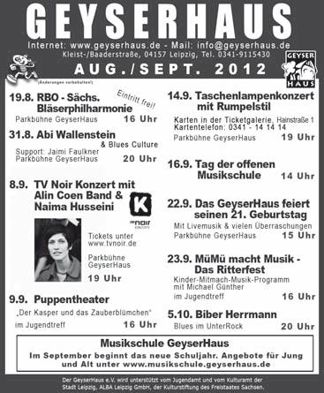 Eutritzscher Rundblick Seite 16 August 2012 Veranstaltungskalender Kirche Evangelisch-Lutherische Christuskirchgemeinde Leipzig-Eutritzsch 04129 Leipzig, Gräfestraße 18, Tel.: 9029150, E-Mail: kg.